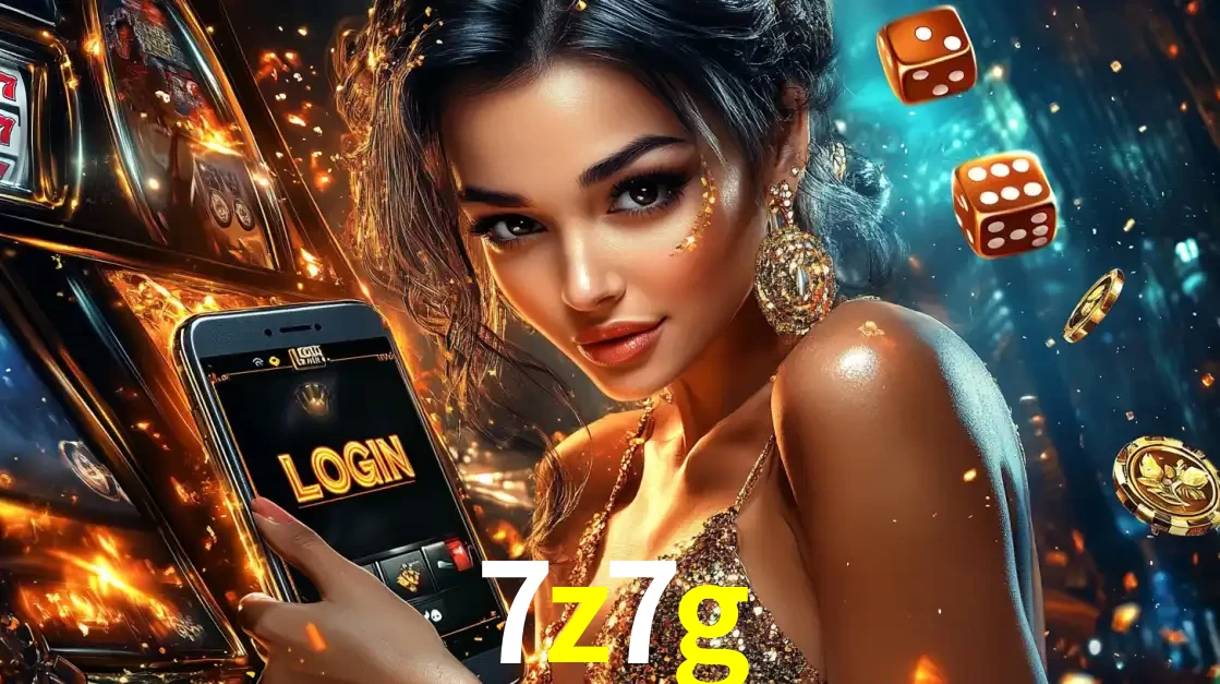 Mulher glamourosa segurando um celular com a tela de login do cassino 7z7g, rodeada por dados e moedas douradas, pronta para começar a diversão.