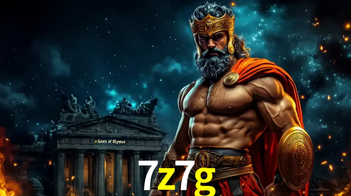 O poderoso Zeus do jogo de slot Gates of Olympus em frente ao seu templo, pronto para lançar multiplicadores divinos e prêmios épicos no cassino online 7z7g.