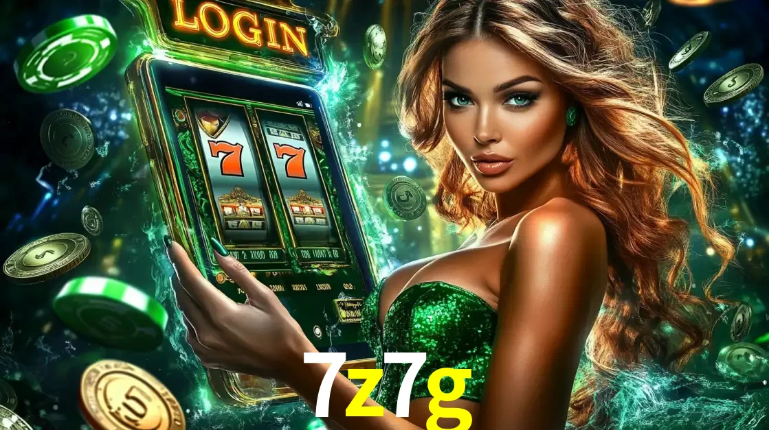 Mulher com tema verde apresentando o aplicativo do cassino 7z7g com um jogo de slot de 777, cercada por fichas de cassino e uma aura de sorte.