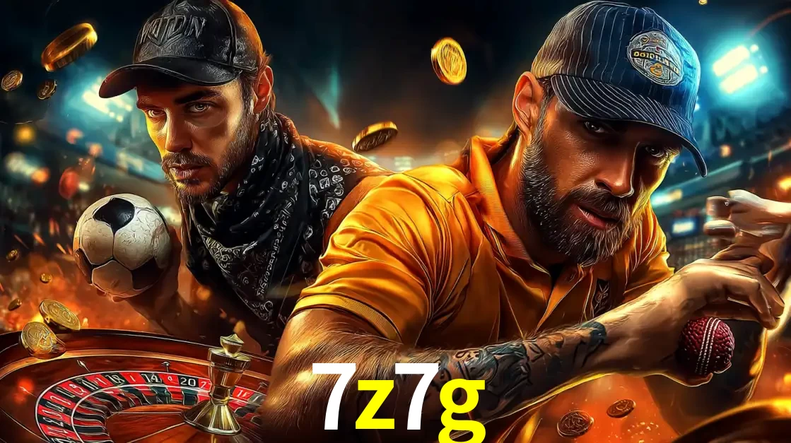 Montagem de apostas esportivas e cassino no 7z7g, com um homem segurando uma bola de futebol e outro uma de beisebol sobre uma roleta e moedas voadoras.