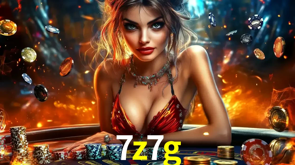 Mulher em uma mesa de cassino com pilhas de fichas e um fundo de fogo, pronta para uma rodada de altas apostas nos jogos de mesa emocionantes do cassino 7z7g.