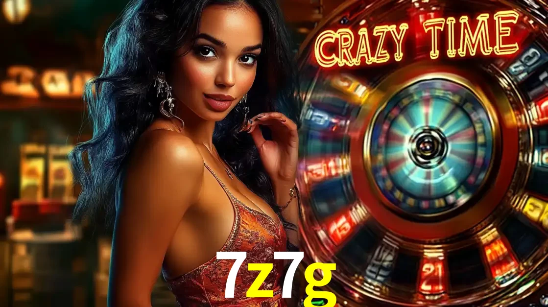 Mulher elegante ao lado da vibrante roda da fortuna do jogo de cassino ao vivo Crazy Time, um dos game shows mais populares e cheios de prêmios do 7z7g.
