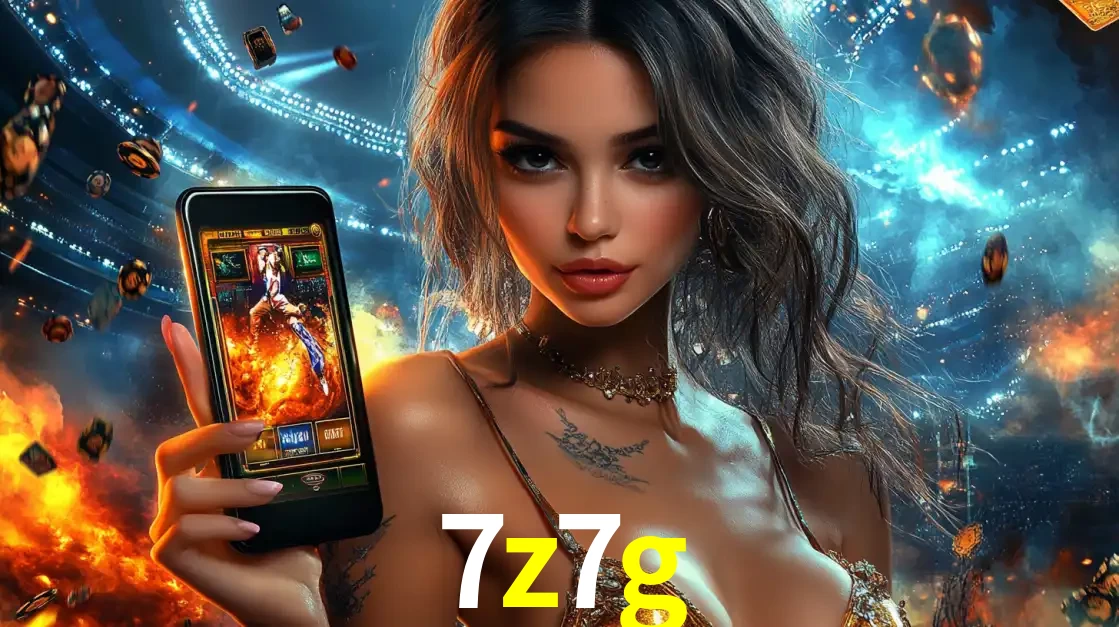 Mulher segurando um celular com um jogo de slot em destaque, tendo como fundo um estádio vibrante, simbolizando a emoção de jogar no cassino móvel 7z7g.