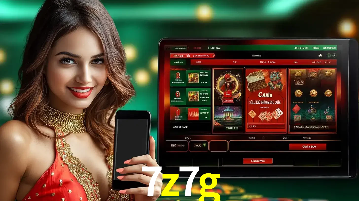 Mulher sorridente segurando um smartphone, ao lado de uma tela exibindo o lobby de jogos do cassino online 7z7g, com várias opções de jogos de cartas e slots.